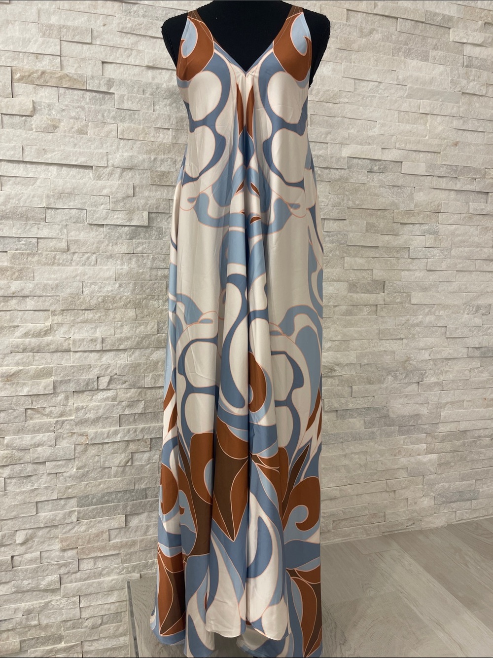Misa Los Angeles Sleeveless V-Neck Maxi Dress in Cream, Blue & Brown